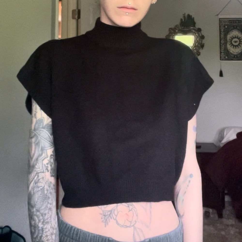 Black Turtleneck Sleeveless Crop Knit Top